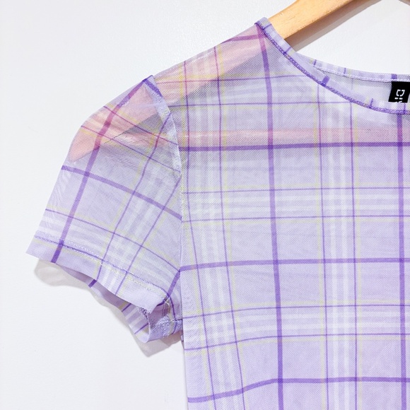 DIVIDED Purple Plaid Sheer Crop Top | Lightweight Mesh Tee * - Picture 4 of 7